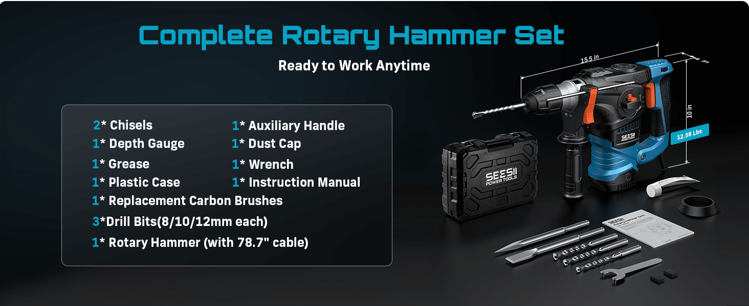 Complete SDS-Plus rotary hammer kit with bits, chisels, handle, depth gauge and carry case