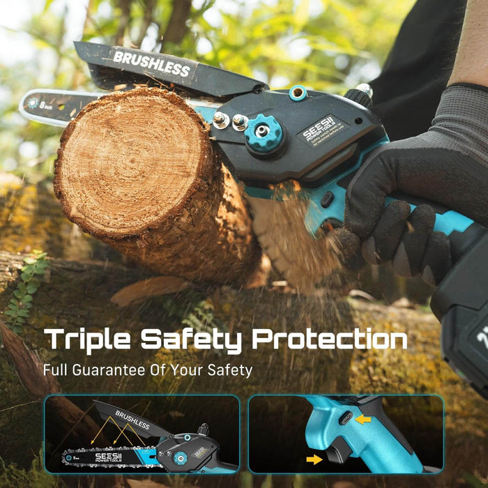 Seesii Mini Chainsaw Cordless, 8 Inch & 6 Inch Electric Chainsaw w/2*4.0Ah
1000W Brushless Motor, Auto Oiler, Extra Grip, Handheld Chain Saw for Tree Branch Wood Cutting, Gifts for Men Dad Husband