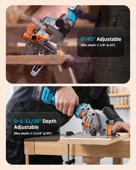 SEESII 4-1/2" Brushless Mini Circular Saw Cordless with 2*4.0Ah Batteries
5000RPM Compact Small Electric Saw with Laser Guide, 45° Bevel, 3 Blades for Wood, Metal & Plastic
