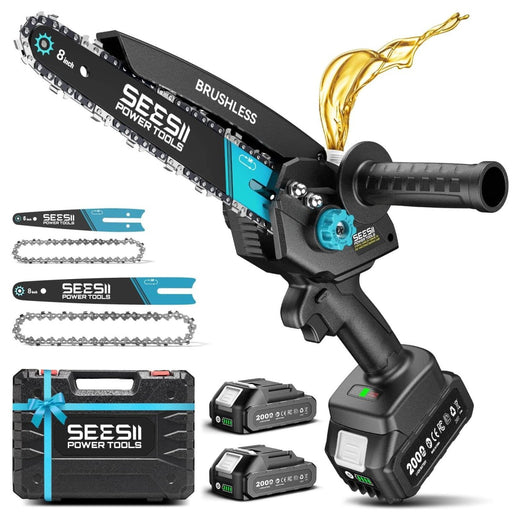 Mini Chainsaw Cordless 8 inch: Electric Chainsaw Battery Powered, Brushless Chain Saw with Auto Oiler, 2pcs Battery（M8 Ultra） - SEESII
