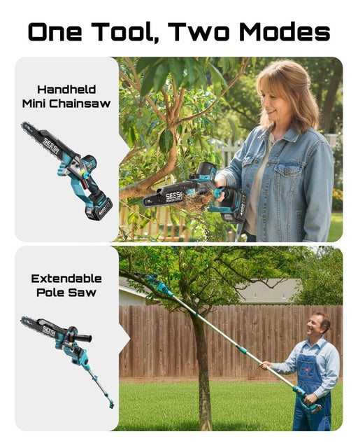 SEESII 10" 2-in-1 Cordless Pole Saw & Mini Chainsaw, 21V Brushless Tree Trimmer, 2×4.0Ah Batteries - Pole Saw & Mini Chainsaw-SeeSii