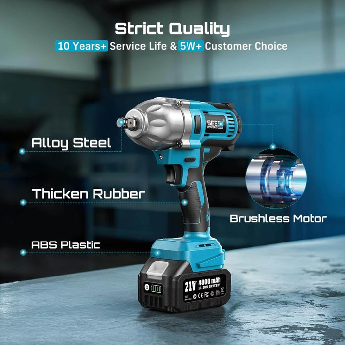 SEESII 1/2" Cordless Impact Wrench 900Nm, 2×4.0Ah 21V,6Sockets+Case - impact wrench - SeeSii