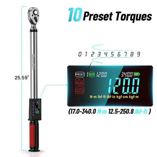 Seesii 1/2" Drive LED Digital Torque Wrench 12.5 - 250 Ft.Lb with Buzzer 17 - 340N.m - SeeSii