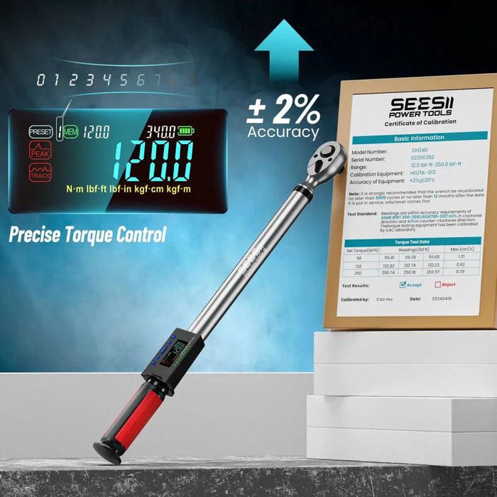 Seesii 1/2" Drive LED Digital Torque Wrench 12.5-250 Ft.Lb with Buzzer 17-340N.m - SEESII