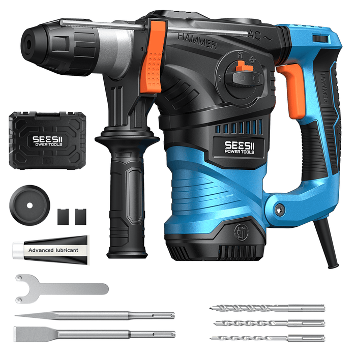 SeeSii 13A 1 - 1/4" SDS - Plus Rotary Hammer Drill, 6J Corded Demolition Hammer, 4 Functions, Safety Clutch & Anti - Vibration (Bits & Chisels Included) - SeeSii