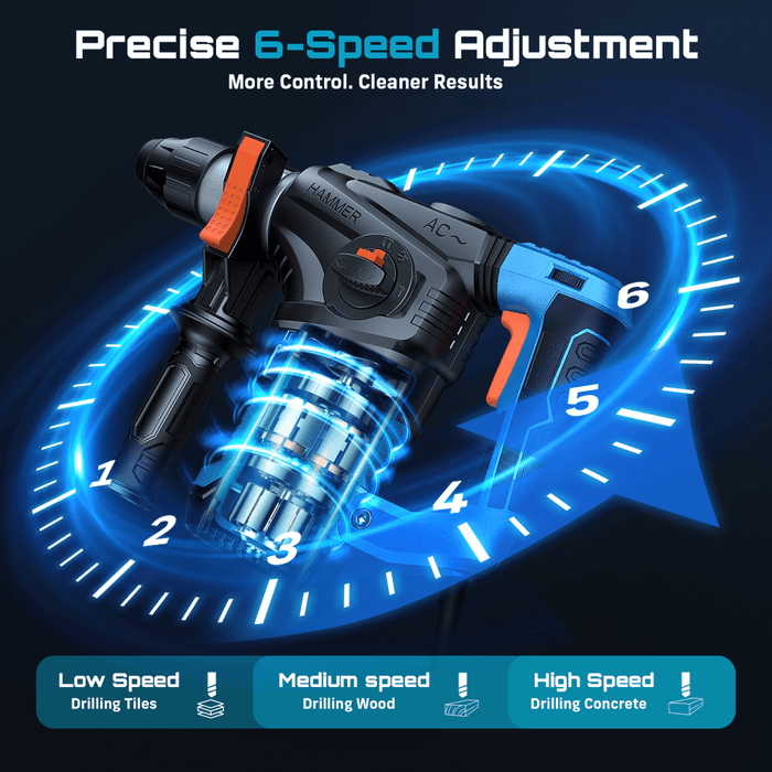 SeeSii 13A 1 - 1/4" SDS - Plus Rotary Hammer Drill, 6J Corded Demolition Hammer, 4 Functions, Safety Clutch & Anti - Vibration (Bits & Chisels Included) - SeeSii