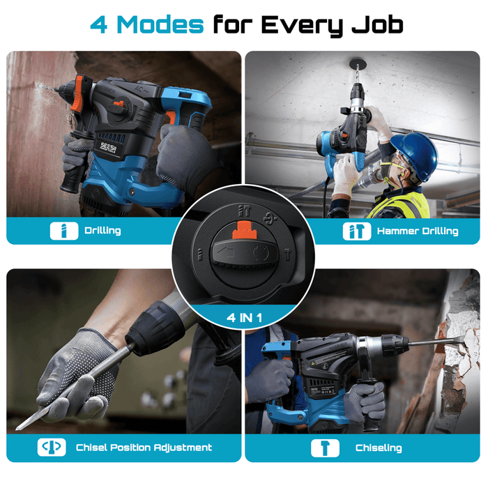 SeeSii 13A 1 - 1/4" SDS - Plus Rotary Hammer Drill, 6J Corded Demolition Hammer, 4 Functions, Safety Clutch & Anti - Vibration (Bits & Chisels Included) - SeeSii