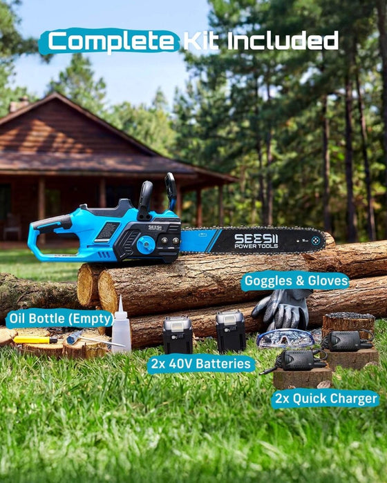 Seesii 16 Inch 40V Cordless Chainsaw Brushless 2×4.0Ah Battery Auto Oiling for Wood Cutting - 16 Inch Cordless Chainsaw-SeeSii