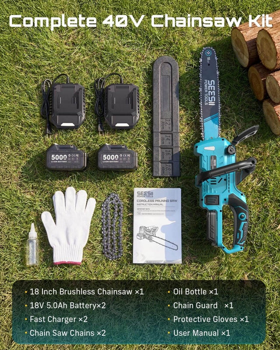 SEESII 18" 40V Brushless Cordless Chainsaw 2x5.0Ah Battery Auto Oiling（M18 Ace） - SeeSii