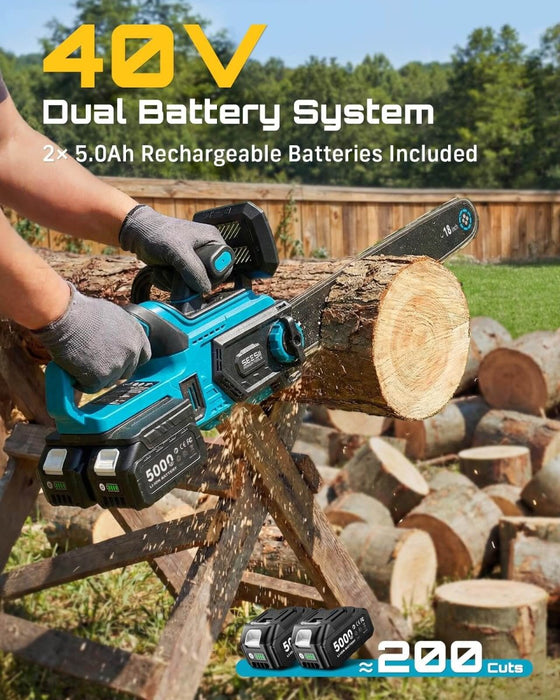 SEESII 18" 40V Brushless Cordless Chainsaw 2x5.0Ah Battery Auto Oiling（M18 Ace） - SeeSii