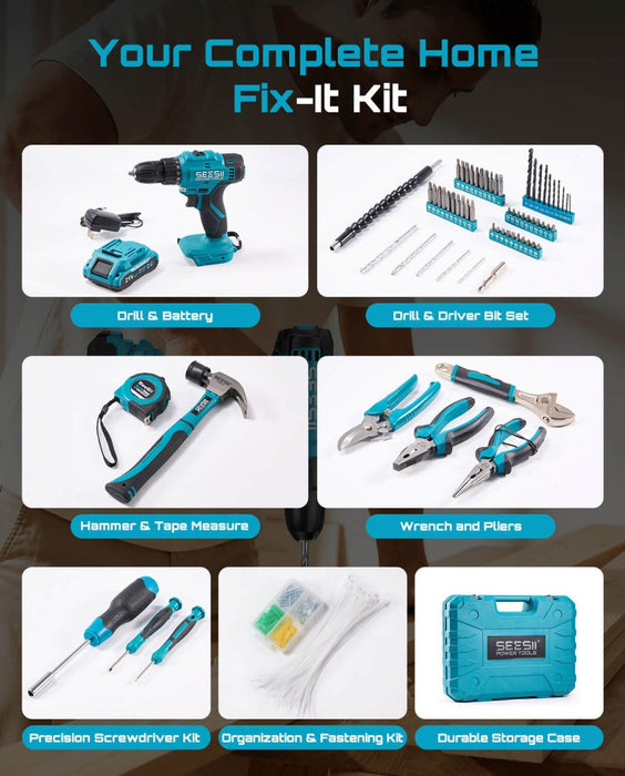 SEESII 190 - Piece Tool Set with 21V Cordless Drill Driver, 40 N·m Torque, 2.0Ah Battery, 25+1 Clutch, 3/8" Keyless Chuck, Case - Cordless Drill Driver - SeeSii