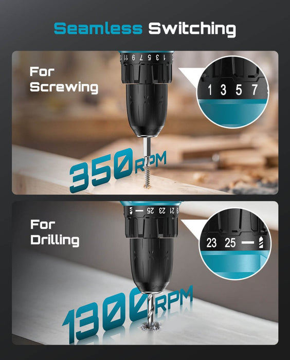 SEESII 190 - Piece Tool Set with 21V Cordless Drill Driver, 40 N·m Torque, 2.0Ah Battery, 25+1 Clutch, 3/8" Keyless Chuck, Case - Cordless Drill Driver - SeeSii