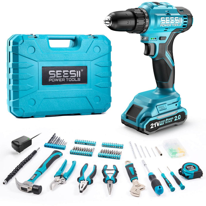 SEESII 190 - Piece Tool Set with 21V Cordless Drill Driver, 40 N·m Torque, 2.0Ah Battery, 25+1 Clutch, 3/8" Keyless Chuck, Case - Cordless Drill Driver - SeeSii
