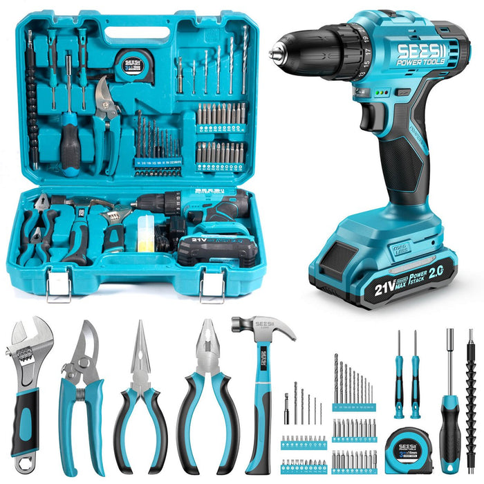 SEESII 190 - Piece Tool Set with 21V Cordless Drill Driver, 40 N·m Torque, 2.0Ah Battery, 25+1 Clutch, 3/8" Keyless Chuck, Case - Cordless Drill Driver - SeeSii