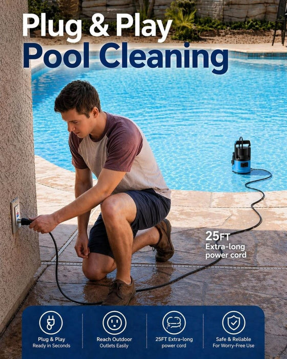 SEESII 1HP Submersible Sump Pump, 4755GPH High Flow Water Pump with 23ft Hose &amp; Anti-Clog Filter Net for Pool, Pond, Basement &amp; Garden Drainage - SeeSii
