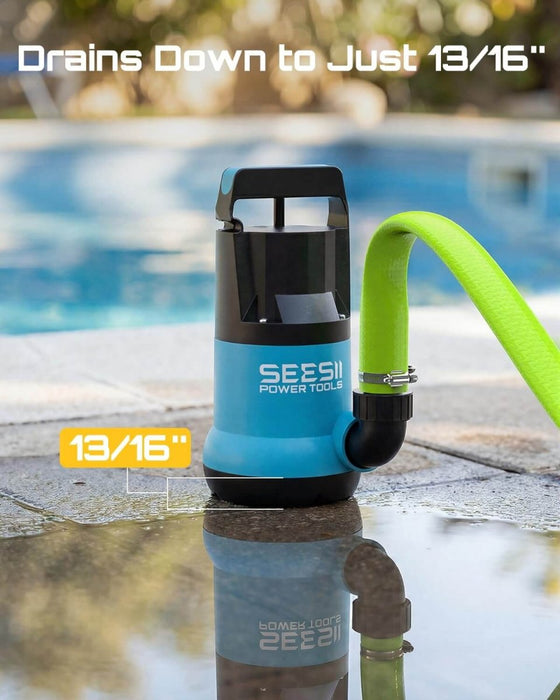 SEESII 1HP Submersible Sump Pump, 4755GPH High Flow Water Pump with 23ft Hose &amp; Anti-Clog Filter Net for Pool, Pond, Basement &amp; Garden Drainage - SeeSii