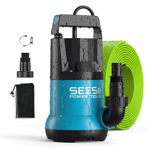 SEESII 1HP Submersible Sump Pump, 4755GPH High Flow Water Pump with 23ft Hose &amp; Anti-Clog Filter Net for Pool, Pond, Basement &amp; Garden Drainage - SeeSii