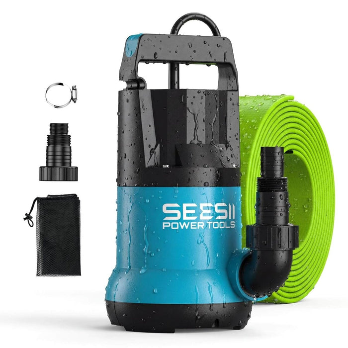 SEESII 1HP Submersible Sump Pump, 4755GPH High Flow Water Pump with 23ft Hose &amp; Anti-Clog Filter Net for Pool, Pond, Basement &amp; Garden Drainage - SeeSii