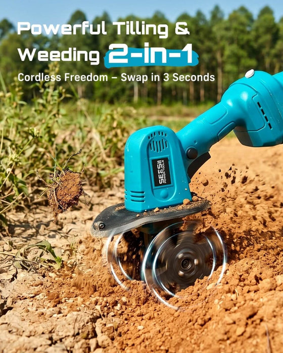 Seesii 2-in-1 Cordless Tiller Cultivator with Extendable Rod, Battery Powered Mini Garden Rototiller for Weeding & Soil Cultivating - Cordless Tiller-SeeSii
