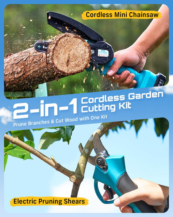 SEESII 2-in-1 Mini Chainsaw & Pruning Shears, 20V Brushless Motor Combo 6 Inch Cordless Chain Saw, 1.4" Electric Pruner, Dual 2.0Ah Batteries, One-hand Control for Tree Branch Cutter & Gardening - Pruning Shears-SeeSii