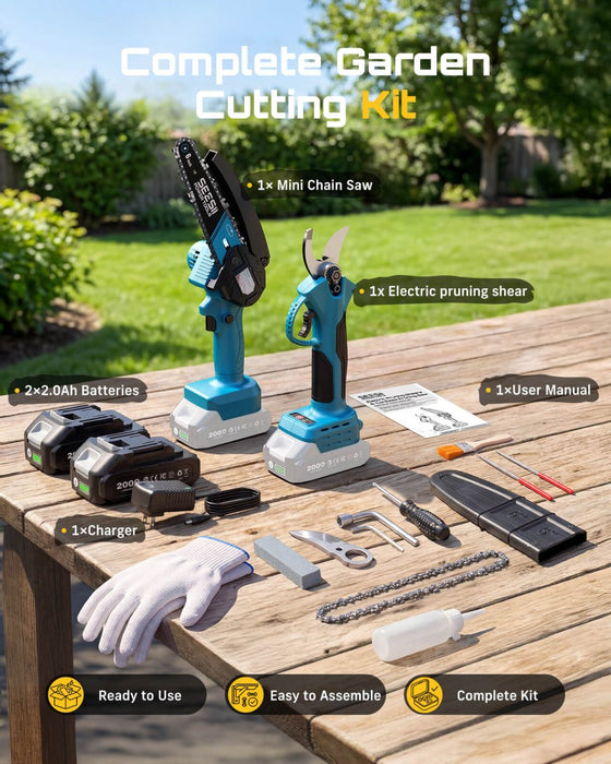 SEESII 2-in-1 Mini Chainsaw & Pruning Shears, 20V Brushless Motor Combo 6 Inch Cordless Chain Saw, 1.4" Electric Pruner, Dual 2.0Ah Batteries, One-hand Control for Tree Branch Cutter & Gardening - Pruning Shears-SeeSii