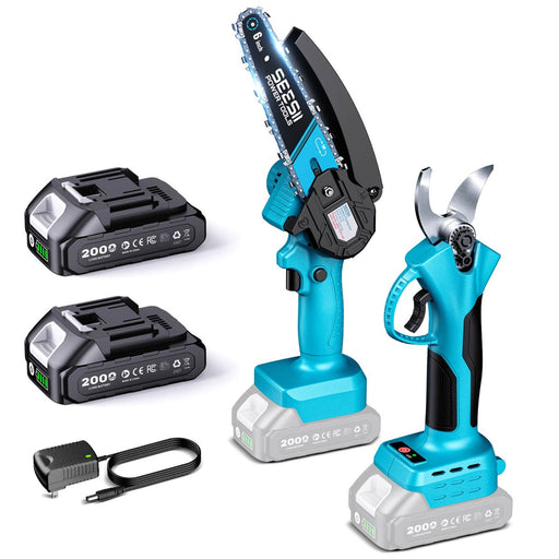 SEESII 2-in-1 Mini Chainsaw & Pruning Shears, 20V Brushless Motor Combo 6 Inch Cordless Chain Saw, 1.4" Electric Pruner, Dual 2.0Ah Batteries, One-hand Control for Tree Branch Cutter & Gardening - Pruning Shears-SeeSii
