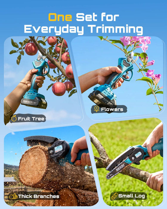 SEESII 2-in-1 Mini Chainsaw & Pruning Shears, 20V Brushless Motor Combo 6 Inch Cordless Chain Saw, 1.4" Electric Pruner, Dual 2.0Ah Batteries, One-hand Control for Tree Branch Cutter & Gardening - Pruning Shears-SeeSii