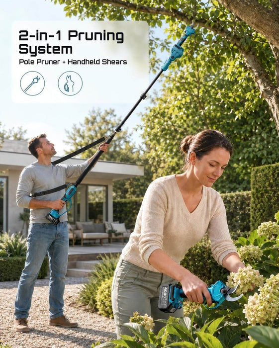 SEESII 2-in-1 Pole Pruning Shears 1.6'' Cut, 20V Cordless, 4.9-9 ft Reach Brushless Motor, SK5 Blade, LCD Display, 4 Modes, 180° Head, 2x4.0Ah Batteries, 2500+ Cuts, Auto Sleep, Shoulder Strap - Pruning Shears-SeeSii