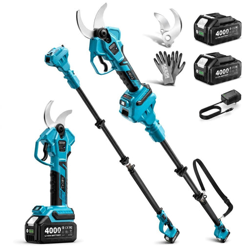 SEESII 2-in-1 Pole Pruning Shears 1.6'' Cut, 20V Cordless, 4.9-9 ft Reach Brushless Motor, SK5 Blade, LCD Display, 4 Modes, 180° Head, 2x4.0Ah Batteries, 2500+ Cuts, Auto Sleep, Shoulder Strap - Pruning Shears-SeeSii