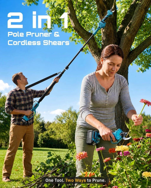 SEESII 2-in-1 Pole Pruning Shears, 1.6" Cutting Diameter Cordless Electric Pole Pruners, Brushless Motor, Dual 4.0Ah Batteries, Extra SK5 Blade, 4 Modes Adjustable Branches Cutter for Tree & Flower - Pruning Shears-SeeSii