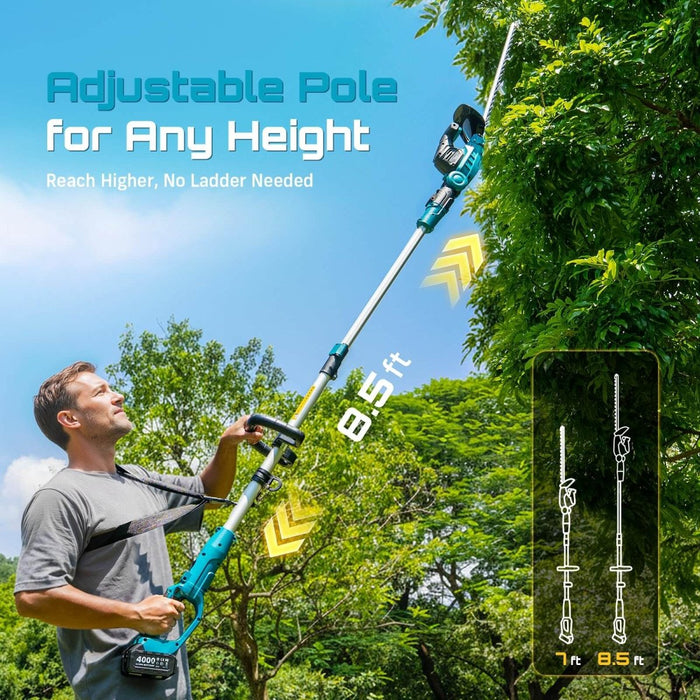SEESII 2-in-1 Telescopic Hedge Trimmer, 53cm Double Blade 2.6m Extendable Pole, 2x4.0Ah Battery - SeeSii