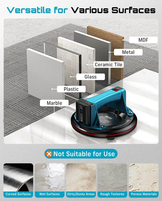 Seesii 200mm Battery Tile Suction Lifter 2PCS 270kg Max Load LCD 4x2400mAh Batteries - SeeSii