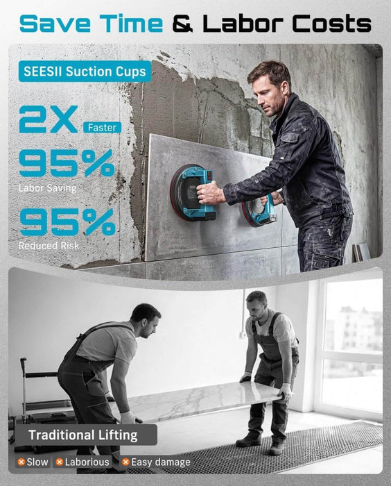 Seesii 200mm Battery Tile Suction Lifter 2PCS 270kg Max Load LCD 4x2400mAh Batteries - SeeSii