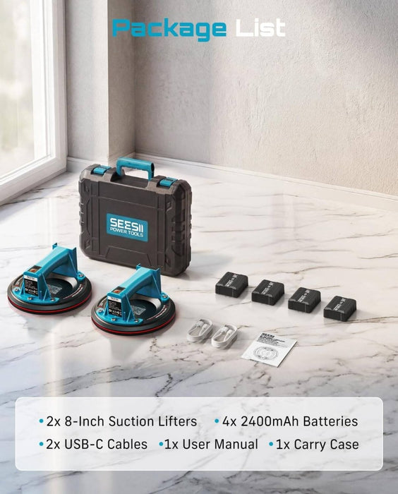 Seesii 200mm Battery Tile Suction Lifter 2PCS 270kg Max Load LCD 4x2400mAh Batteries - SeeSii