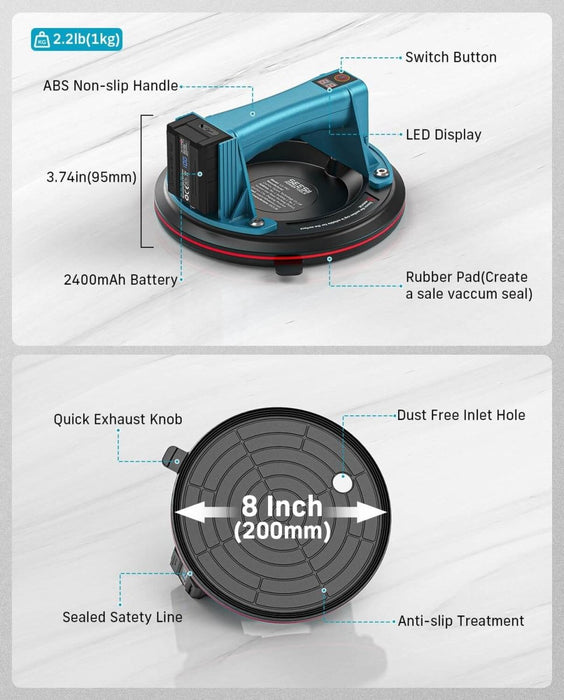 Seesii 200mm Battery Tile Suction Lifter 2PCS 270kg Max Load LCD 4x2400mAh Batteries - SeeSii