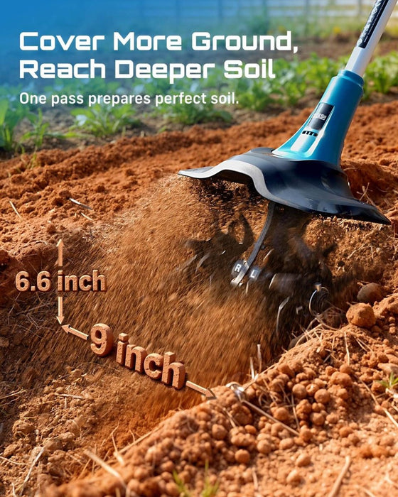Seesii 20V Cordless Tiller Cultivator, 9" Width 6.6" Depth Rototiller with 2×4.0Ah Batteries for Garden Weeding（T9 Lite） - Cordless Tiller-SeeSii