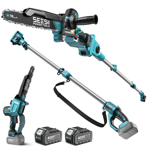 Seesii 10 Inch 2-in-1 Cordless Pole Saw & Mini Chainsaw Brushless 21V 2×4000mAh Battery Full Kit Blue Black Complete Yard Pruning Tool Set