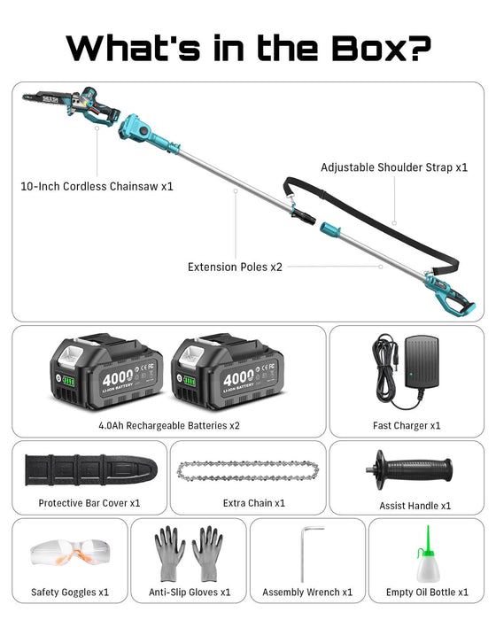 Seesii 10 Inch 2-in-1 Cordless Pole Saw Full Package Accessories List Batteries Charger Safety Gear Extension Pole All Included Kit