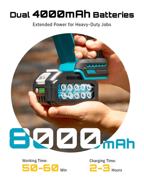 Seesii 2-in-1 Cordless Chainsaw Dual 4000mAh Lithium Batteries Total 8000mAh Working Time 50-60 Mins Charging 2-3 Hours Power Spec Chart