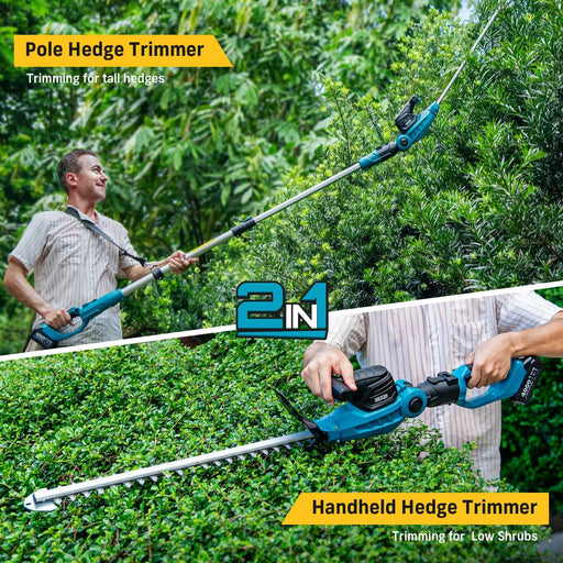 SEESII 2-in-1 Cordless Hedge Trimmer, extendable pole for tall hedges & handheld mode for low shrubs, outdoor garden trimming scene