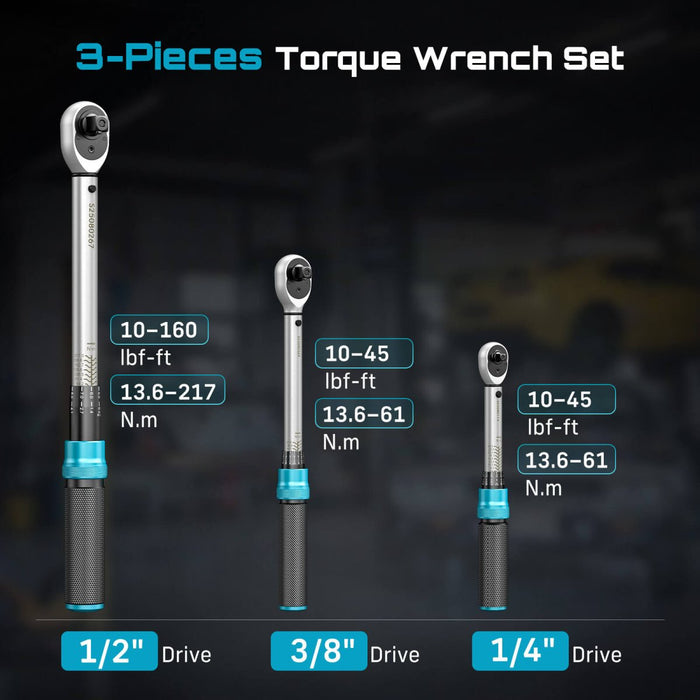 Seesii 3 - Piece Torque Wrench Set, 1/4" 3/8" 1/2", 72 - Tooth, ±3% Accuracy - ratchet wrench - SeeSii