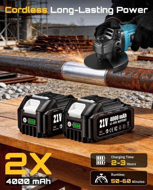 SEESII 4-1/2 Inch Cordless Brushless Angle Grinder 21V 10000RPM with 2x4.0Ah Batteries Blue - SeeSii