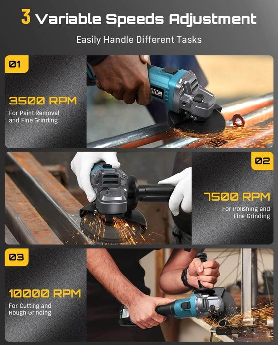 SEESII 4-1/2 Inch Cordless Brushless Angle Grinder 21V 10000RPM with 2x4.0Ah Batteries Blue - SeeSii