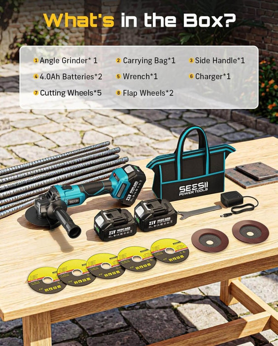 SEESII 4-1/2 Inch Cordless Brushless Angle Grinder 21V 10000RPM with 2x4.0Ah Batteries Blue - SeeSii