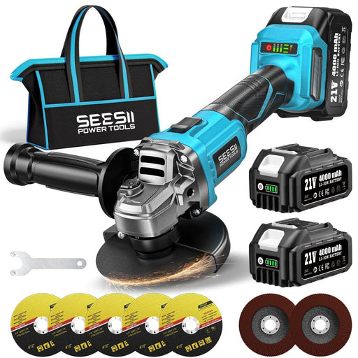 SEESII 4-1/2 Inch Cordless Brushless Angle Grinder 21V 10000RPM with 2x4.0Ah Batteries Blue - SeeSii