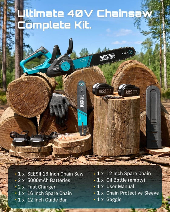 SEESII 40V 16/12 Inch Brushless Cordless Chainsaw, 2×5.0Ah 1600W（M16 Pro） - SeeSii
