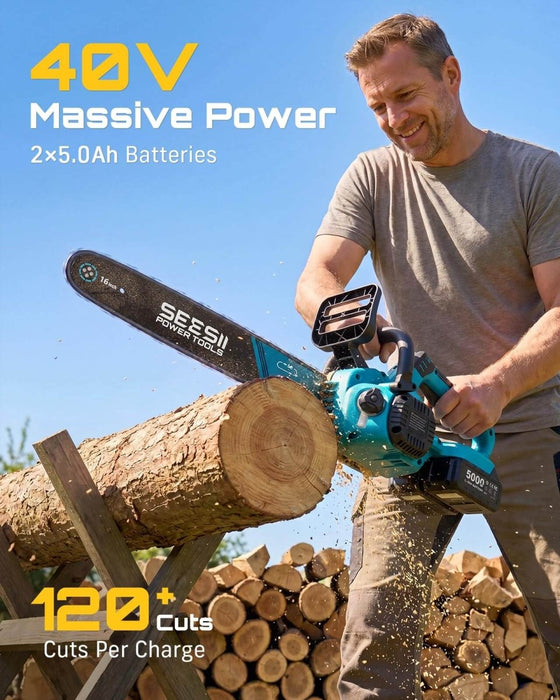 SEESII 40V 16/12 Inch Brushless Cordless Chainsaw, 2×5.0Ah 1600W（M16 Pro） - SeeSii