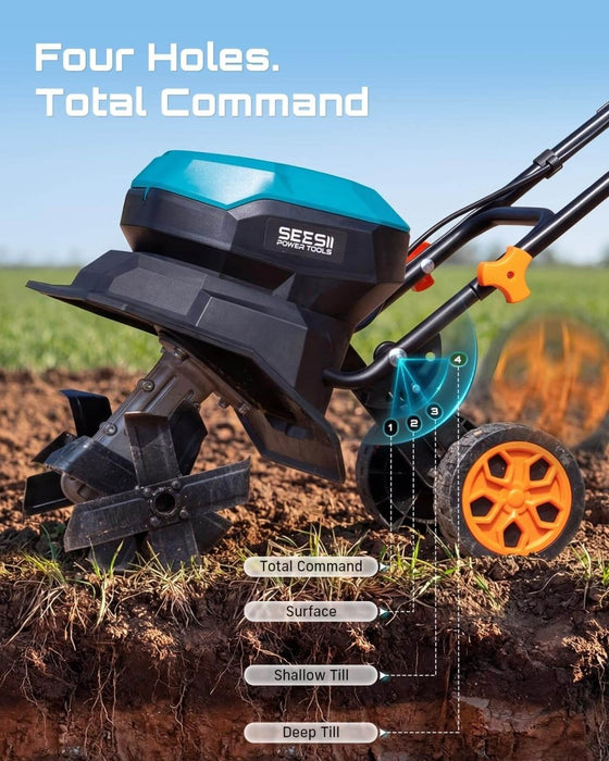 SEESII 40V Cordless Tiller for Gardening 12" Electric Garden Tiller Cultivator with 2×5.0Ah Batteries & Charger 8" Depth Adjustable Handle & Wheel Heavy Duty Rototiller for Lawn & Soil Cultivation - Cordless Tiller-SeeSii