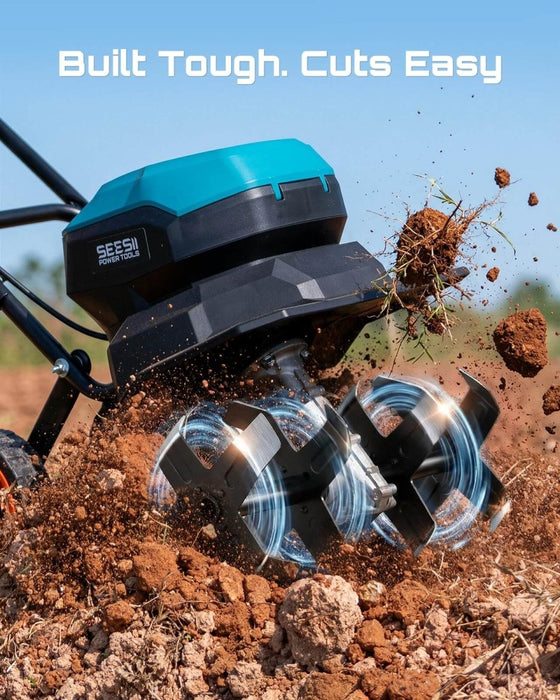 SEESII 40V Cordless Tiller for Gardening 12" Electric Garden Tiller Cultivator with 2×5.0Ah Batteries & Charger 8" Depth Adjustable Handle & Wheel Heavy Duty Rototiller for Lawn & Soil Cultivation - Cordless Tiller-SeeSii