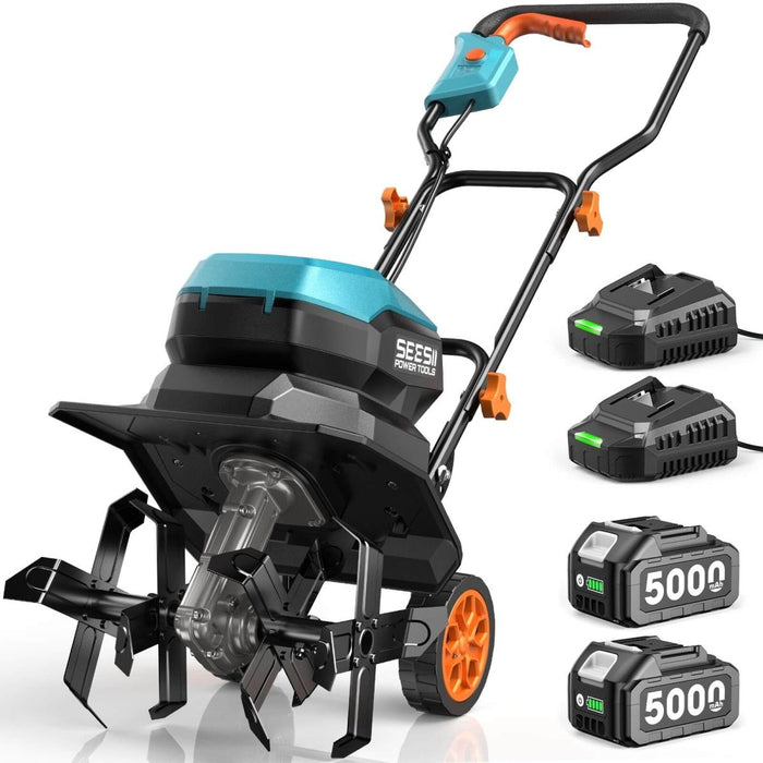 SEESII 40V Cordless Tiller for Gardening 12" Electric Garden Tiller Cultivator with 2×5.0Ah Batteries & Charger 8" Depth Adjustable Handle & Wheel Heavy Duty Rototiller for Lawn & Soil Cultivation - Cordless Tiller-SeeSii
